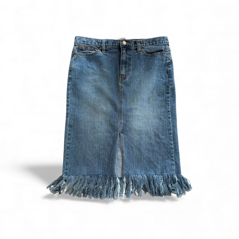 GAP Blue Denim Midi Skirt with Fringe Hem